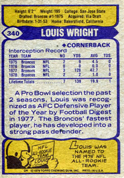 1979 Topps #340 Louis Wright Back
