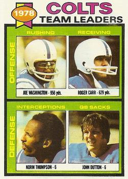 1979 Topps #376 Colts Team Leaders / Checklist (Joe Washington / Roger Carr / Norm Thompson / John Dutton) Front