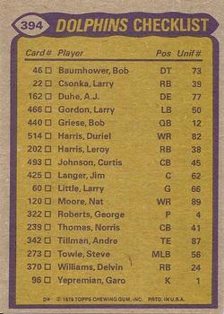 1979 Topps #394 Dolphins Team Leaders / Checklist (Delvin Williams / Duriel Harris / Tim Foley / Vern Den Herder) Back