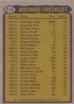 1979 Topps #113 Browns Team Leaders / Checklist (Greg Pruitt / Reggie Rucker / Thom Darden / Mack Mitchell) Back