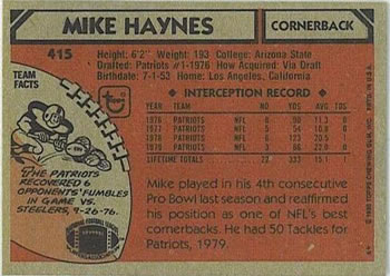 1980 Topps #415 Mike Haynes Back