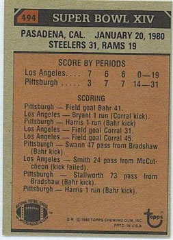 1980 Topps #494 Super Bowl XIV Back