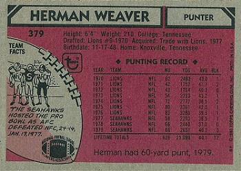 1980 Topps #379 Herman Weaver Back