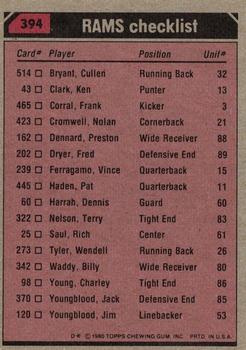 1980 Topps #394 Wendell Tyler / Preston Dennard / Nolan Cromwell / Jim Youngblood / Jack Youngblood Back