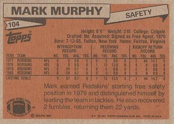 1981 Topps #104 Mark Murphy Back