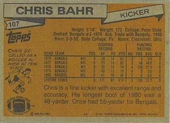 1981 Topps #107 Chris Bahr Back
