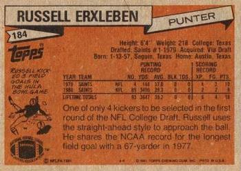 1981 Topps #184 Russell Erxleben Back