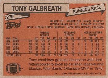 1981 Topps #275 Tony Galbreath Back