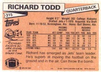 1981 Topps #315 Richard Todd Back