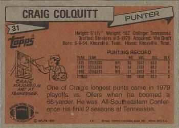 1981 Topps #31 Craig Colquitt Back