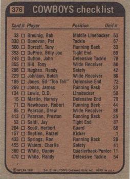1981 Topps #376 Tony Dorsett / Tony Hill / Dennis Thurman / Charlie Waters / Harvey Martin Back
