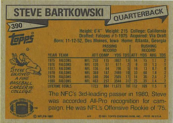 1981 Topps #390 Steve Bartkowski Back