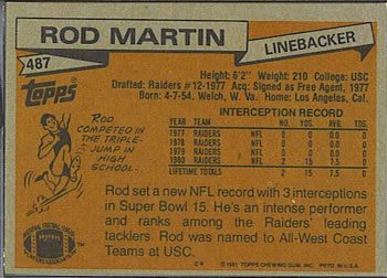 1981 Topps #487 Rod Martin Back
