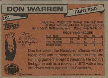 1981 Topps #84 Don Warren Back