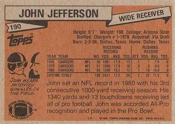 1981 Topps #190 John Jefferson Back