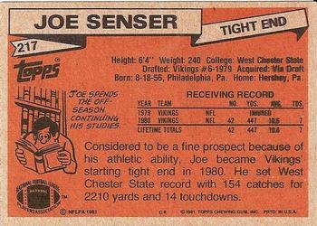 1981 Topps #217 Joe Senser Back