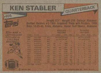 1981 Topps #405 Ken Stabler Back