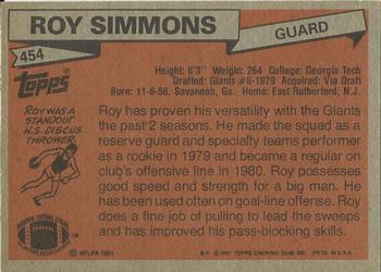 1981 Topps #454 Roy Simmons Back