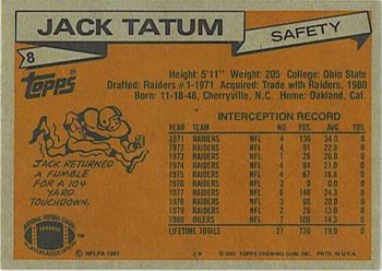 1981 Topps #8 Jack Tatum Back
