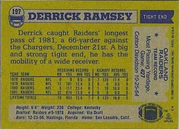 1982 Topps #197 Derrick Ramsey Back