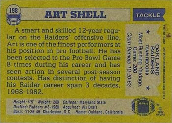 1982 Topps #198 Art Shell Back