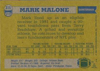1982 Topps #215 Mark Malone Back