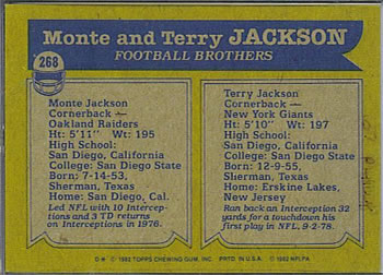 1982 Topps #268 Monte Jackson / Terry Jackson Back