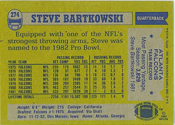 1982 Topps #274 Steve Bartkowski Back