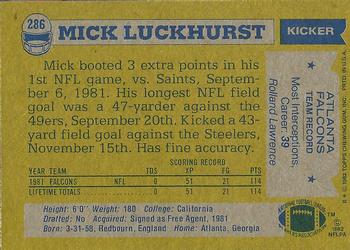 1982 Topps #286 Mick Luckhurst Back