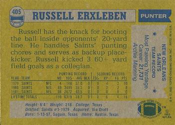 1982 Topps #405 Russell Erxleben Back