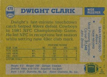 1982 Topps #478 Dwight Clark Back