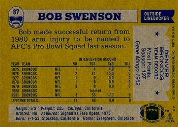 1982 Topps #87 Bob Swenson Back