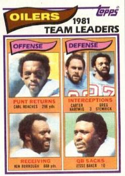 1982 Topps #92 Oilers 1981 Team Leaders (Carl Roaches / Carter Hartwig / Greg Stemrick / Ken Burrough / Jesse Baker) Front