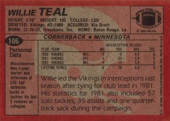 1983 Topps #106 Willie Teal Back