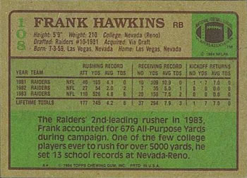 1984 Topps #108 Frank Hawkins Back