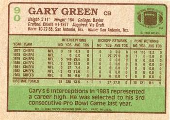 1984 Topps #90 Gary Green Back