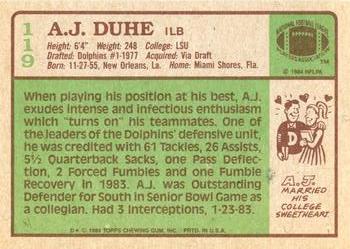 1984 Topps #119 A.J. Duhe Back