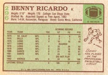 1984 Topps #296 Benny Ricardo Back