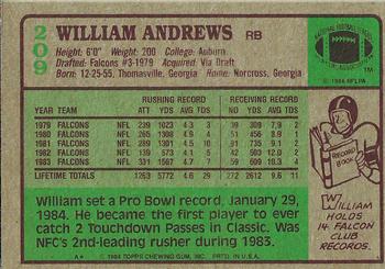 1984 Topps #209 William Andrews Back