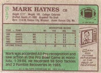 1984 Topps #317 Mark Haynes Back