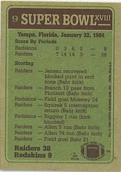 1984 Topps #9 Super Bowl XVIII Back