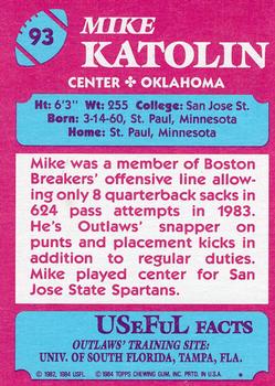 1984 Topps USFL #93 Mike Katolin Back