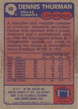 1985 Topps #49 Dennis Thurman Back