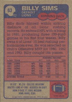1985 Topps #63 Billy Sims Back