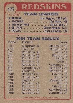 1985 Topps #177 Redskins Team Leaders Back