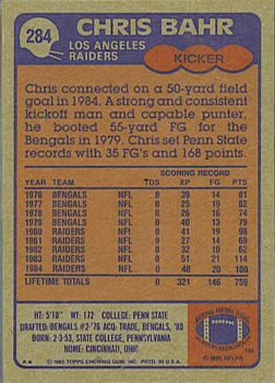 1985 Topps #284 Chris Bahr Back