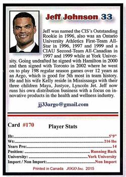 2015 JOGO CFL Alumni Series 9 #170 Jeff Johnson Back