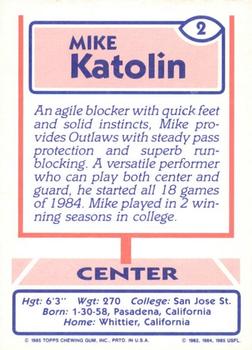 1985 Topps USFL #2 Mike Katolin Back