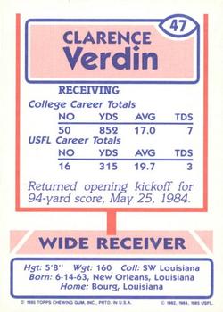 1985 Topps USFL #47 Clarence Verdin Back