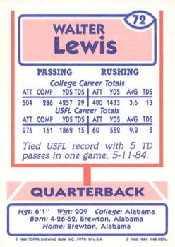 1985 Topps USFL #72 Walter Lewis Back